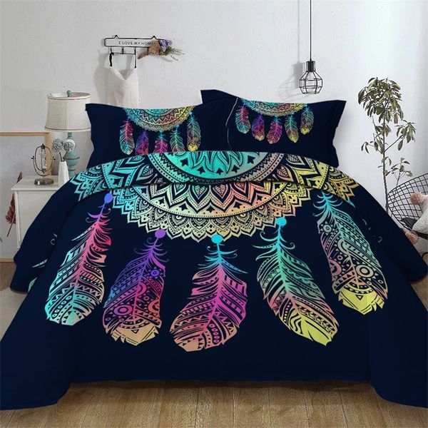 Dreamcatcher conjunto de roupa de cama queen size colorido penas poliéster edredom capa bohemian mandala bedclothes 3 pcs preto home têxteis 201021