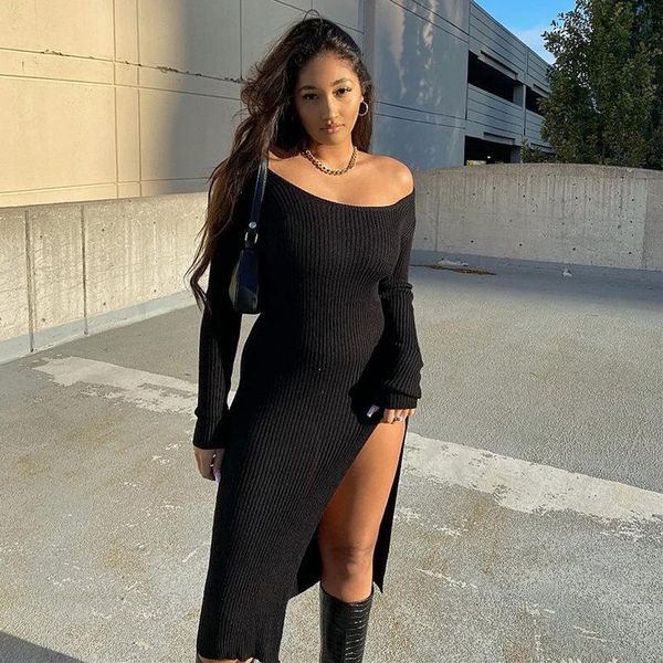 

casual dresses solid long sleeve women one shoulder dress female winter 2021 side slit women's fashion, Black;gray