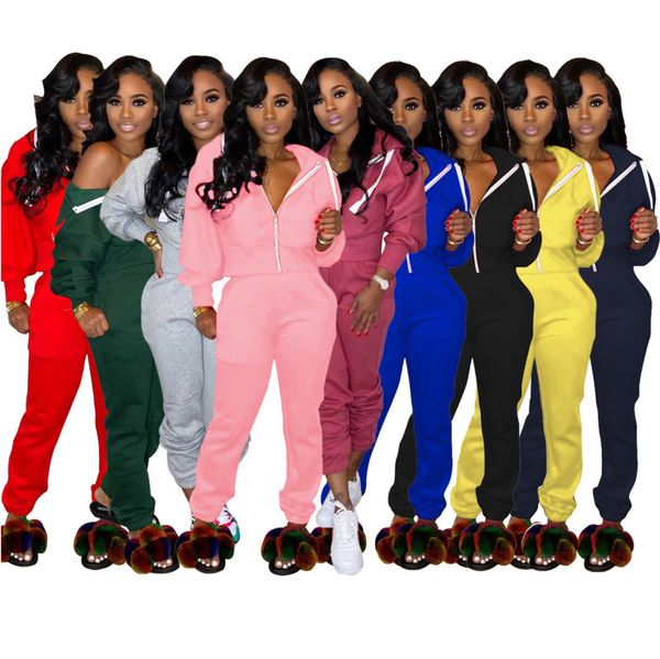 

women tracksuit two pieces set solid color zipper jacket casual fashion sports suits with hat ladies new fashion outfits 2020, White