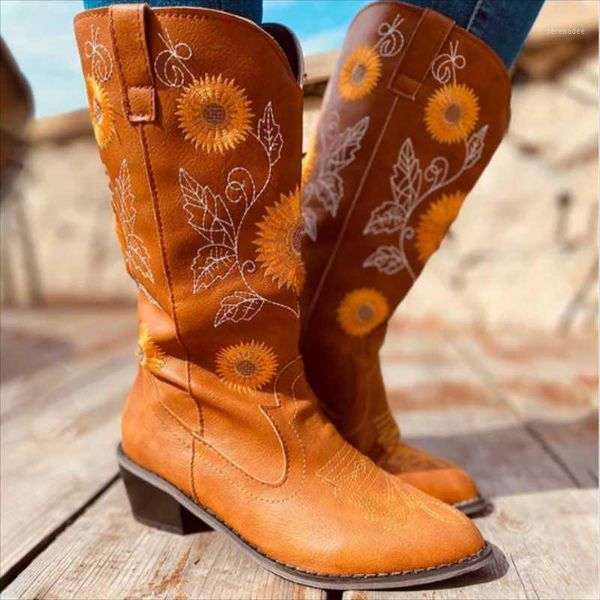 

2020 women mid calf boots western cowboy ladies pointed toe floral printed long boots chucky heel female pu leather shoes1, Black