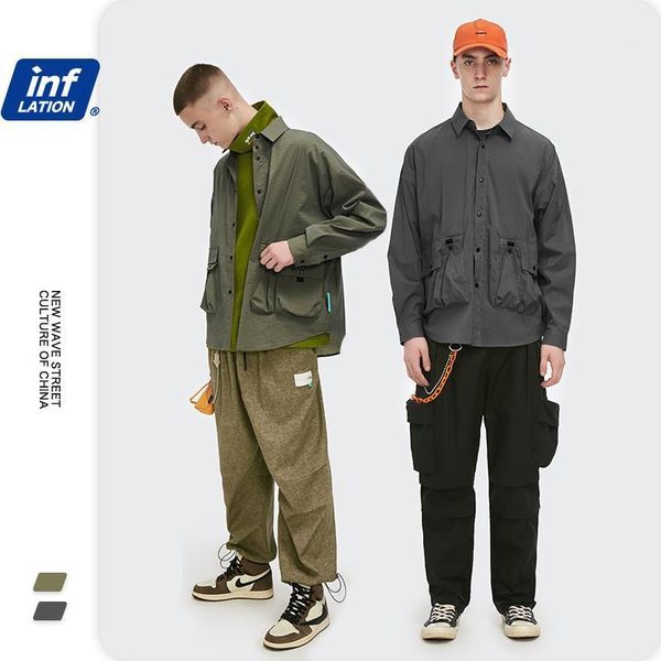 

inflation men streetwear harajuku cargo shirt 2021 new oversized hip hop shirt men long sleeve couple vintage 2111w1, White;black