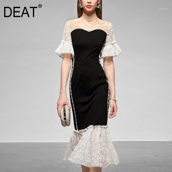 

deat] women lace spliced hit color temperament dress new v-neck half sleeve loose fit fashion tide spring summer 2020 13s4721, Black;gray