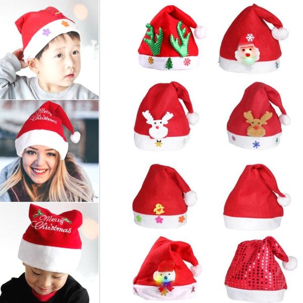 12 stili Spedizione veloce nuovo ornamento natalizio Cappello di Natale comune rosso per adulti Cappello da Babbo Natale / cartone animato per bambini