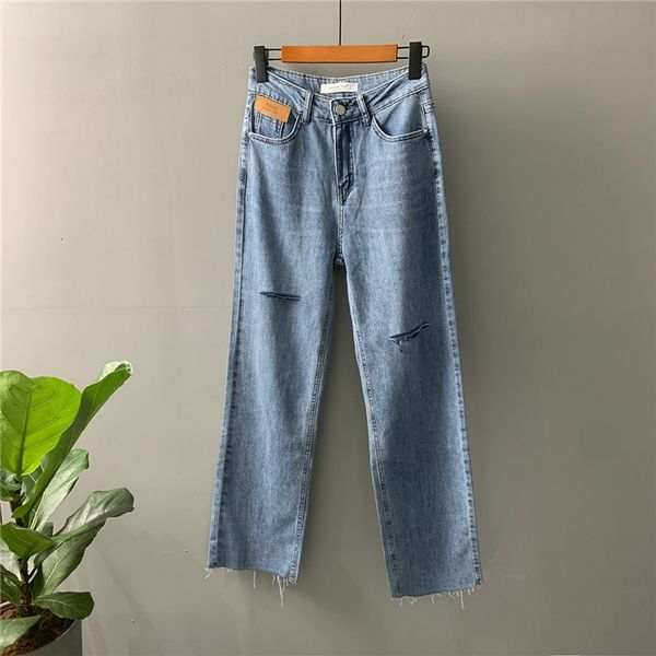 

2021 new autumn ripped design for mujer women loose style wide leg denim vintage jeans pants 3on8, Blue