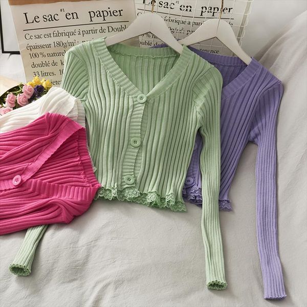 

women patched lace knitted full sleeve sweaters shirts lady v neck sweater crop female elastic cardigan gt9833, White;black