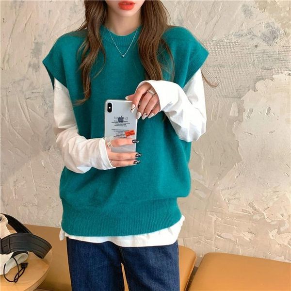 

solid knitted vest women vintage pullover sweater casual streetwear o-neck harajuku sweater oversize new 2020 women's autumn1, Black;white