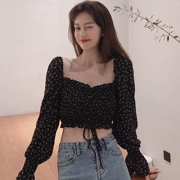 

spring square collar sweet shirt women pleated small floral print long sleeve chiffon blouse elegant, White