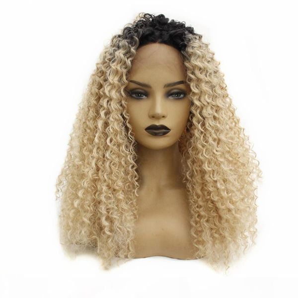 

dark roots ombre blonde long afro kinky curly hair glueless synthetic lace front wigs heat resistant fiber hair for women, Black