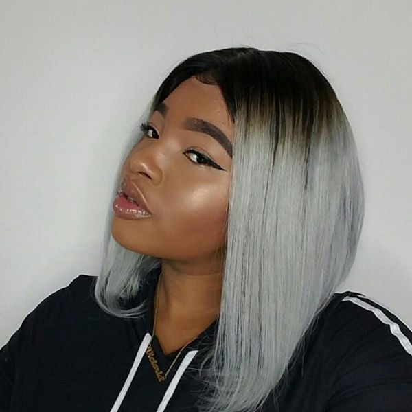 

sapphire ombre grey 1b/grey short bob t part lace front human hair wigs 150% brazilian human hair wigs pre plucked pink red blue, Black;brown