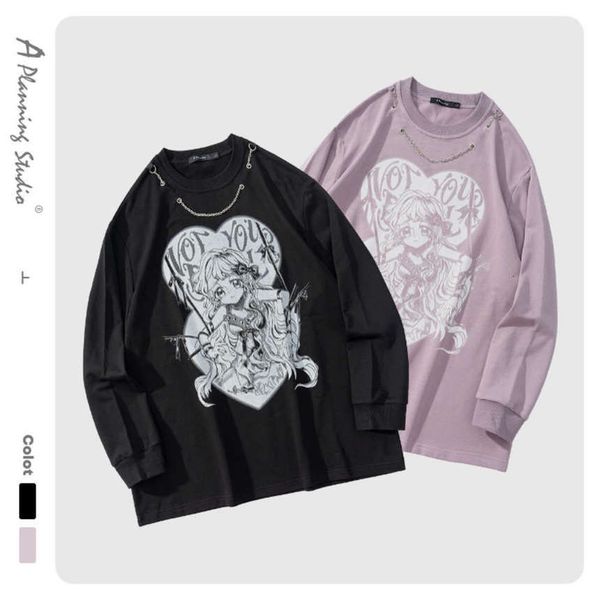 

New products in autumn and winter: dark two dimensional metal chain decorative sweater cartoon girl printed long sleeve T-shirt for men, Black