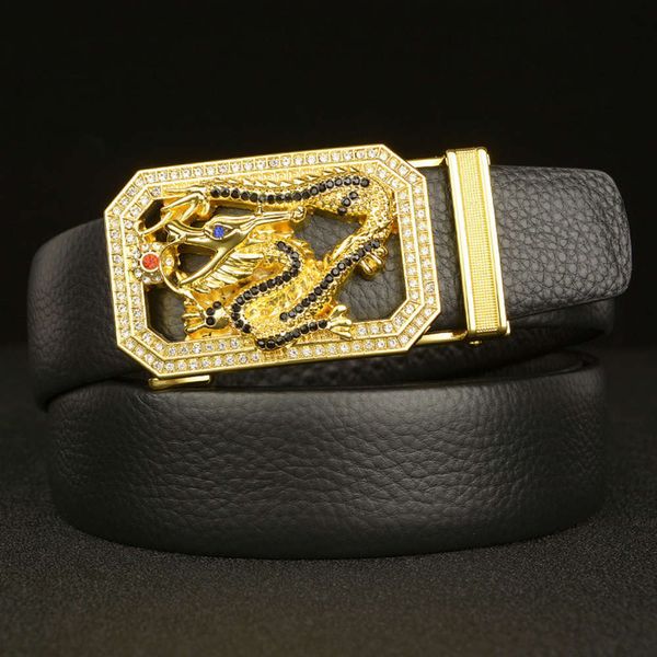 

chinese style 12 zodiac first layer leather men's inlaid diamond, automatic buckle, personalized cattle belt, leisure belt, Black;brown