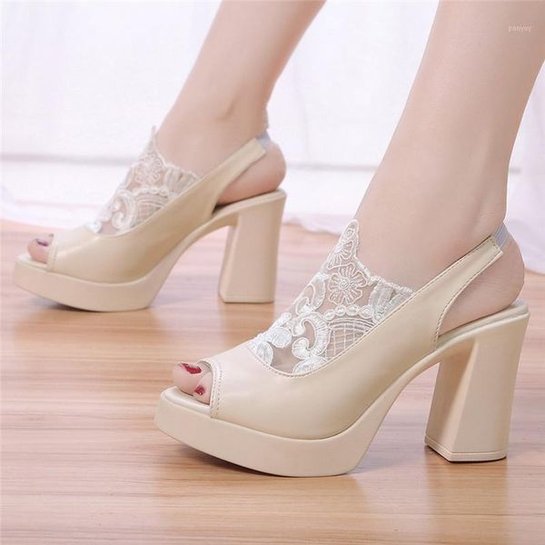 

summer fish mouth platform sandals woman shoes mesh yarn embroidered chunky heel platform sandals for woman zapatos de mujer m51, Black