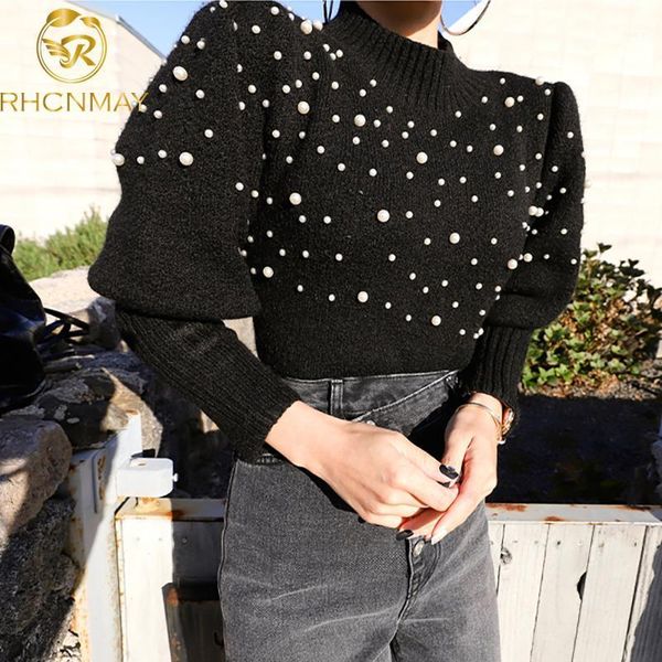 

2020 new fashion full sleeve pearls sweaters modern lady pullovers stylish women black autumn o-neck beading knitted1, White;black