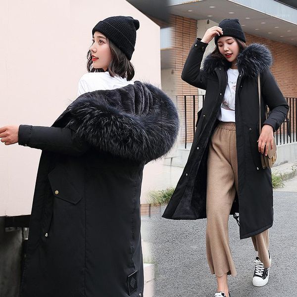 

diwish 2019 casual autumn winter jacket coat long slim thick warm women parka female plus size hoodies fur collar coat 3xl1, Black
