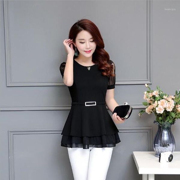 

summer women and blouses fashion office lady lace shirt ruffled short sleeve slim fit a line design peplum tunic n2201, White