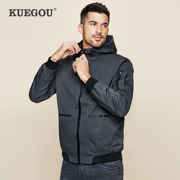 

kuegou autumn male coat fashion jackets simple pure color hooded jacket men leisure plus size rw-3843 201127, Black;brown