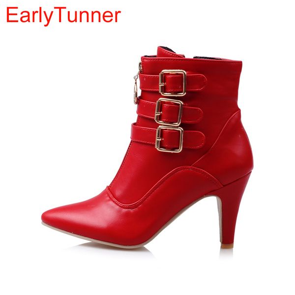 

brand new women nude ankle boots red black buckle ladies riding spike shoes high heels emb08 plus big size 32 45 11 201031