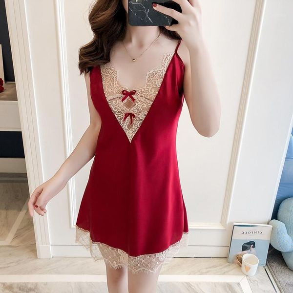 

new 2019 women lace sleepwear deep-v attraction nightwear ladies silk slips1, Black;red