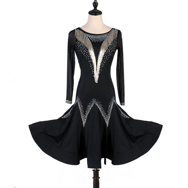 

stage wear professional rhinestone tassel latin dance dress woman long sleeve girls ballroom performance dl4552, Black;red