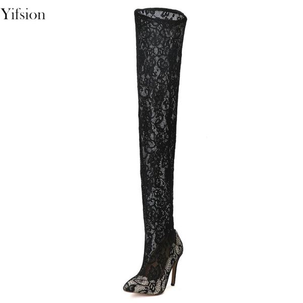 

boots olomm women summer over the knee thin high heels super lace nice pointed toe black shoes us size 4-15