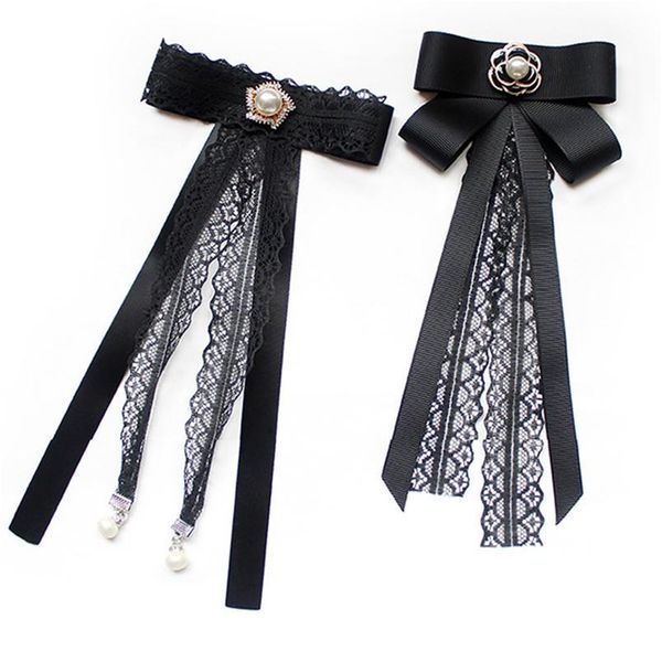 

female lace streamer ribbon pearl bow tie for women black brooches pin shirt suit bow collar pin clothing acc qylhdr, Black;gray