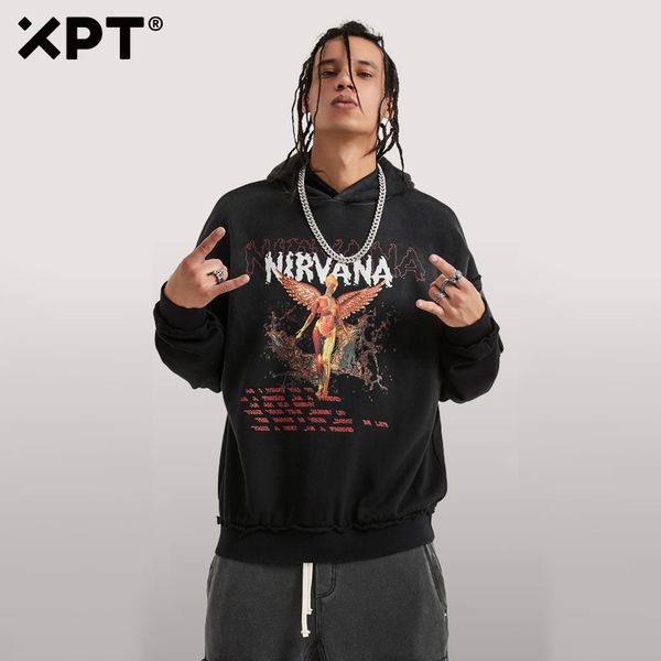 

xpt men's clothing | 2020 autumn and winter new nirvana nirvana angel old coat retro high street hooded men q1105, Black