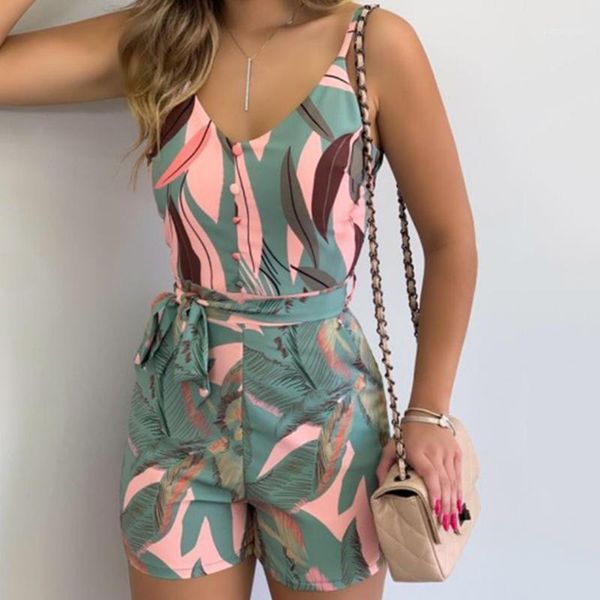 

jumpsuit women summer 2020 sleeveless backless bohemian beach rompers casual lace up floral print short jumpsuit bodysuit1, Black;white
