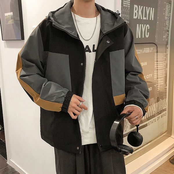 

autumn cotton casual jacket men's fashion contrast color hooded jackets mens streetwear loose hip hop bomber jacket men m-5xl, Black;brown