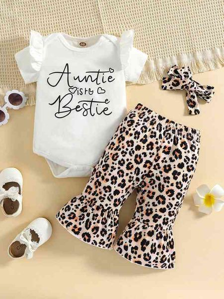 

baby slogan graphic bodysuit & leopard flare leg pants & headband she, Blue
