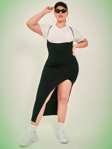 

plus split thigh suspender dress without d1w0#, Black