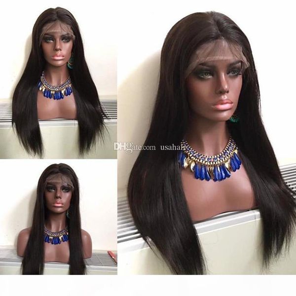 

full lace human hair wigs straight malaysian virgin hair 150 density with baby hair lace front wig for black women bleached knots, Black;brown