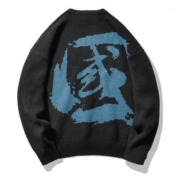 

hip hop chinese elements knitted sweater streetwear men 2021 harajuku sweater women autumn winter pullover hipster black / white1, White;black