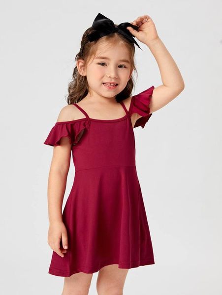 

toddler girls cold shoulder ruffle trim dress she, Red;yellow