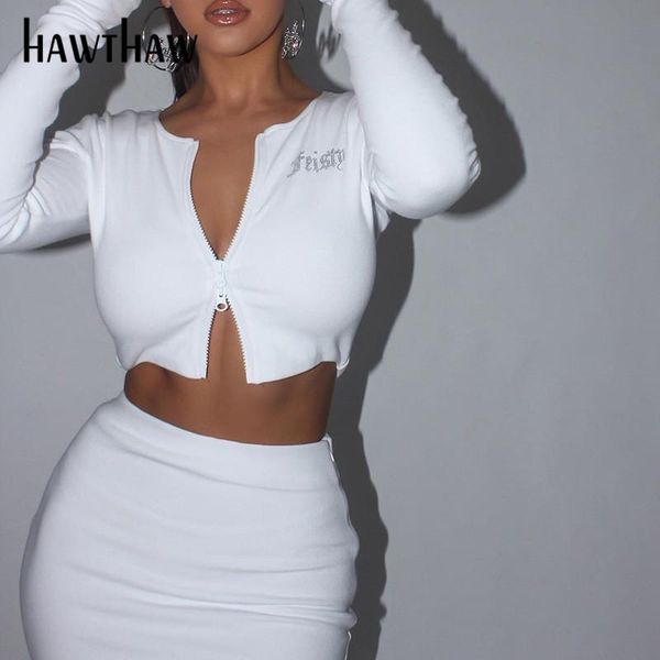 

hawthaw women autumn long sleeve zipper crop t shirts mini short skirts two piece set clothes suit outfit 2020 fall, Gray