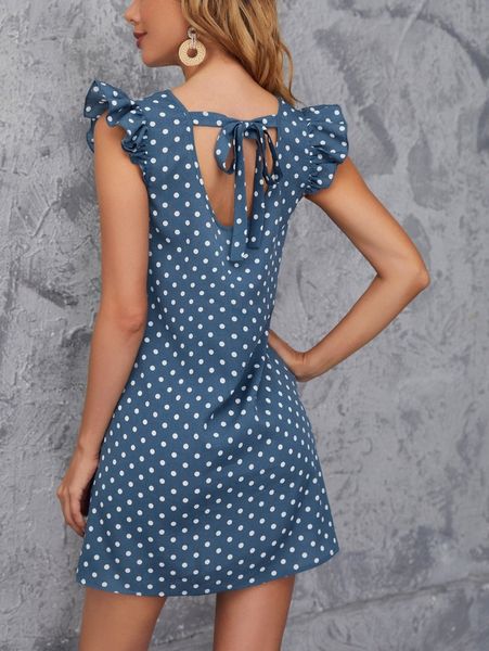 

polka dot tie back ruffle sleeve dress r8ry#, Black;gray
