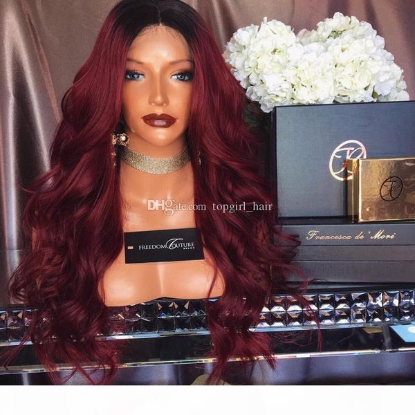 

silk 100% human hair full lace burgundy wig ombre color 1b 99j two tone body wave front lace wigs dark root, Black;brown