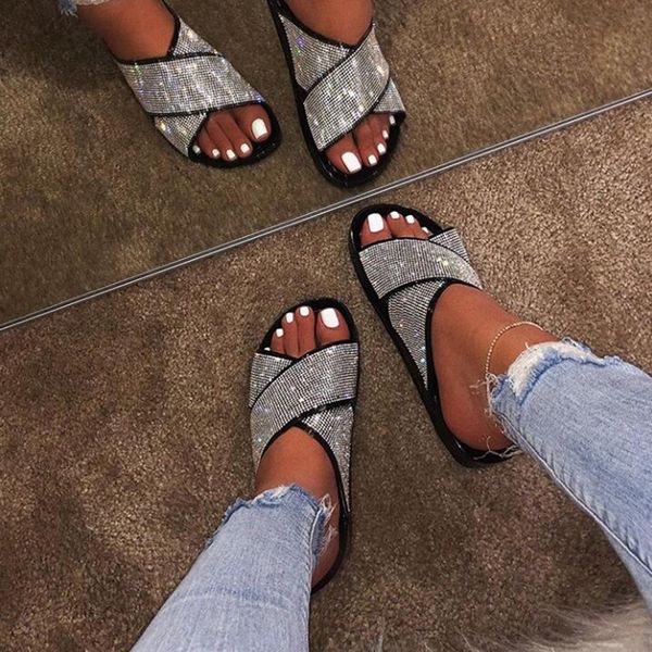 

dropshipping new bright diamonds women's platform summer sandals flip flop outdoor fashion rhinestones buckle lazy slippers x1020, Black