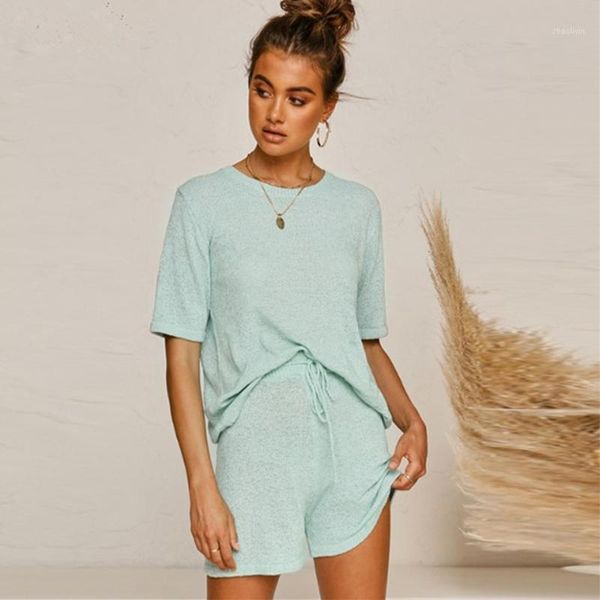 

women knitted sweater suit summer solid color o-neck short sleeve t-shirt shorts casual sport loose suit1, White