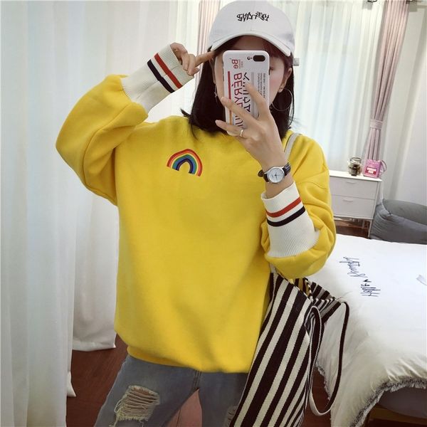 

woherb korean girls kawaii sweatshirt rainbow print cute hoodies women autumn thin harajuku hoodie crewneck sweatshirts 201204, Black