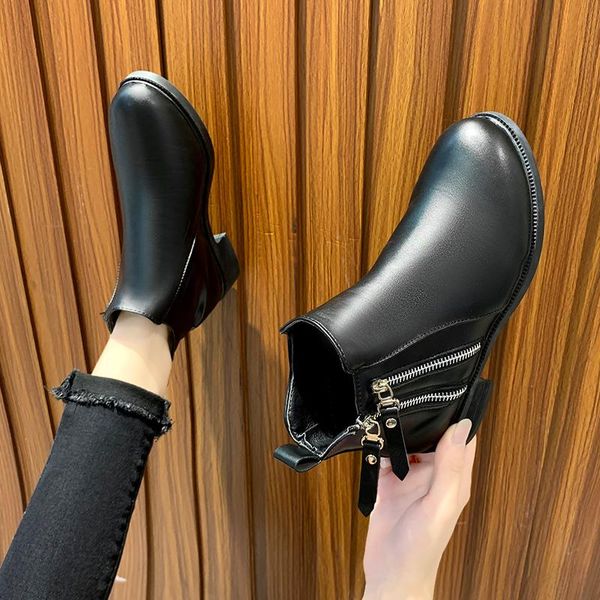 

white ankle boots women's shoes platform round toe zipper booties ladies low black rubber rock med autumn solid basic