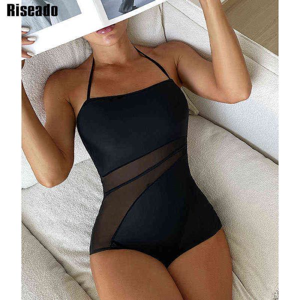 

riseado mesh insert swimwear women one piece halter swimsuits new bodysuit women black monokini backless swimming suit, White;black