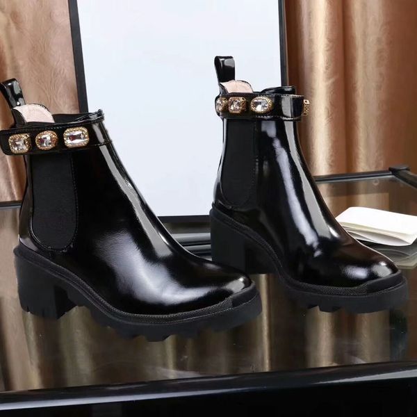 

designer ladies short boots 100% cowhide classic luxury bee women shoes leather high heeled boots fashion diamonds martin boots size 35-42, Black