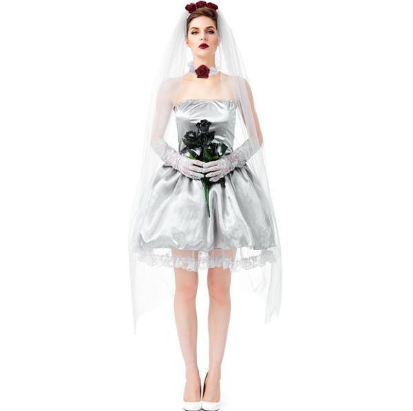 

women kids ghost bride dress halloween masquerade cosplay costume zombie fancy dress set include veil necklce ring gloves dress, Black;red