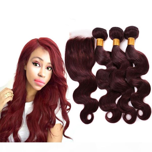 

burgundy wine red 99j brazilian virgin hair weave bundles with closure peruvian body wave baby human hair extension, Black;brown