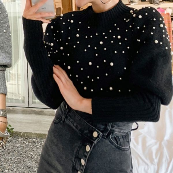 

2021 new -women's wool pearl bubble sleeve half high sweater cw4b, Tan;black