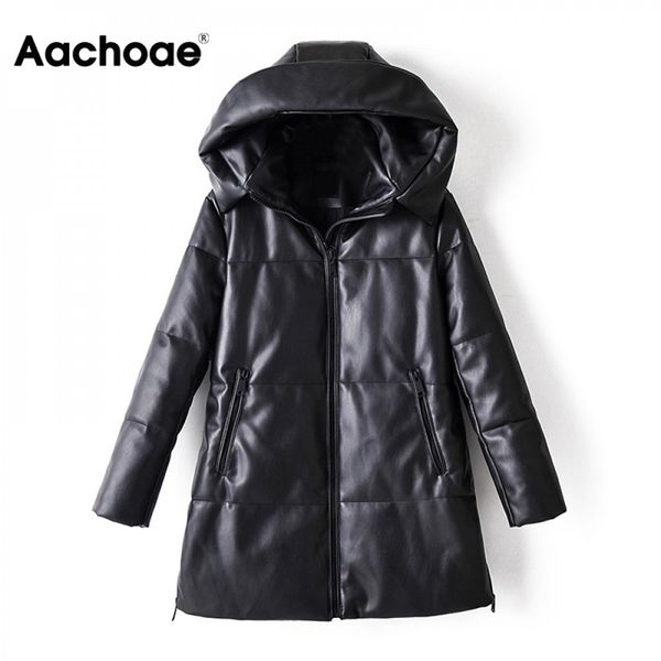 

aachoae 2020 winter casual faux leather black coat women long sleeve thick warm jacket lady pu leather midi long hooded lj201012
