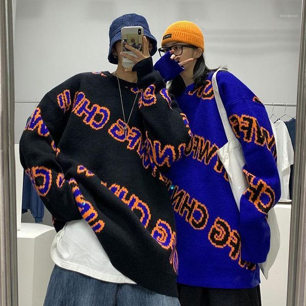 

2020 autumn and winter new korean retro letter printing round neck couple loose trend casual pullover sweater1, White;black