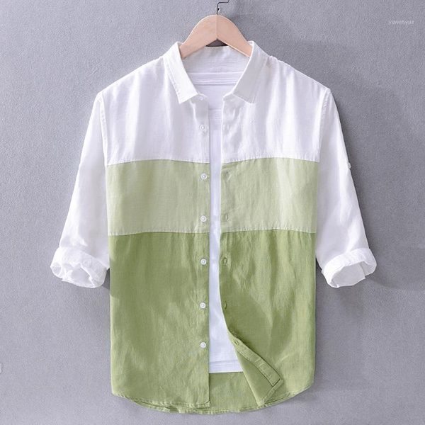 

2020 men spring summer harajuku japan style fashion color gradient patchwork linen three quarter male casual shirts1, White;black
