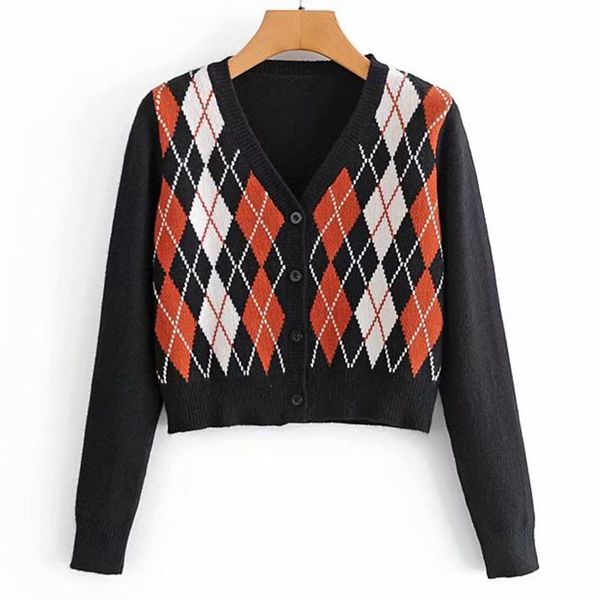 

women's knits & tees women autumn knitted diamond plaid sweaters v-neck cashmere single-breasted cardigans fashion female loose cold we, White