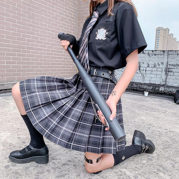 

summer women skirt 2020 empire waist korean style pleated skirts women cute sweet girls school plaid mini skirt, Black